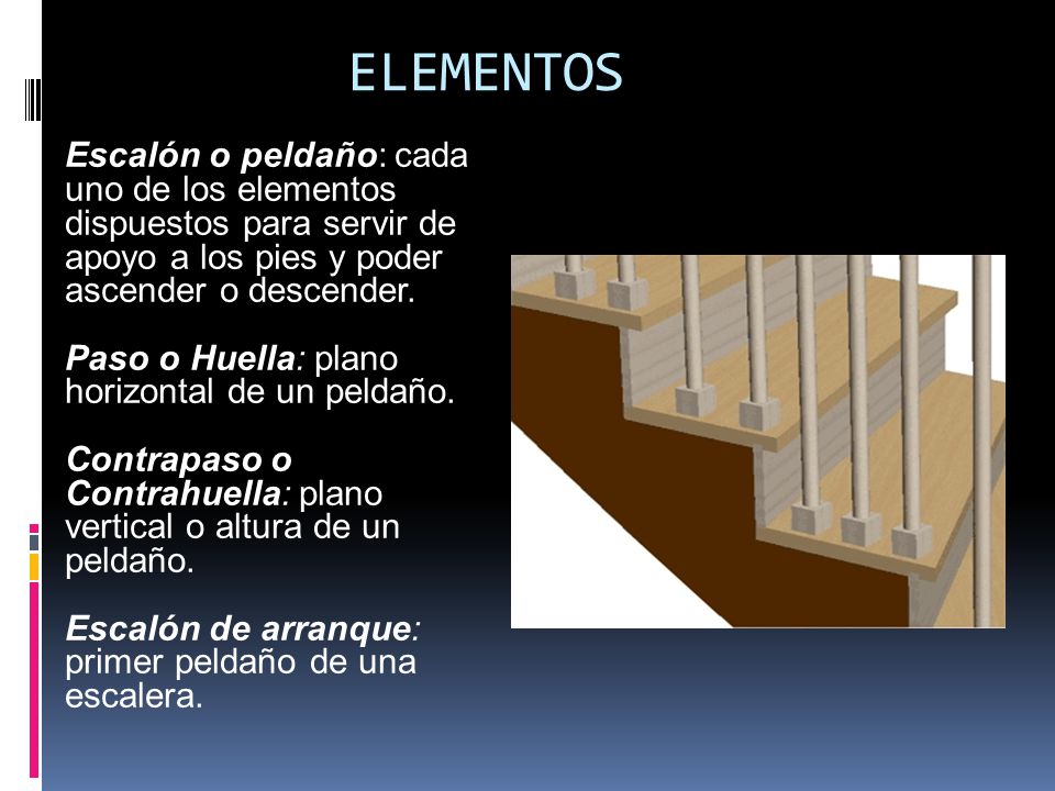 ELEMENTOS Escalón o peldaño: cada uno de los elementos dispuestos para servir de apoyo a los pies y poder ascender o descender.