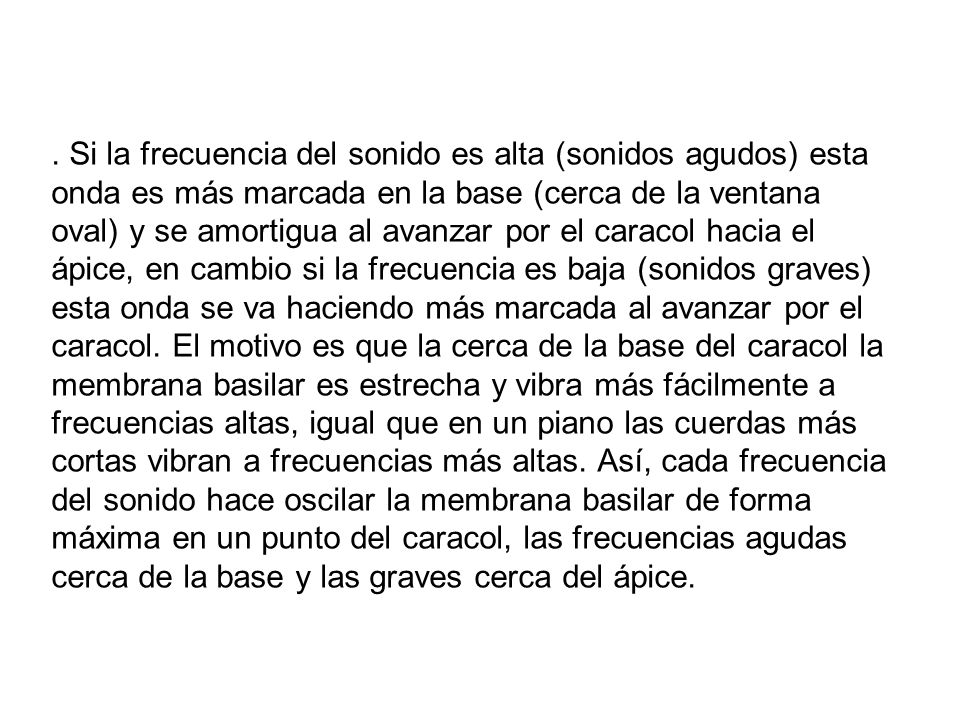 Si la frecuencia del sonido es alta (sonidos agudos) esta onda es más marcada en la base (cerca de la ventana oval) y se amortigua al avanzar por el caracol hacia el ápice, en cambio si la frecuencia es baja (sonidos graves) esta onda se va haciendo más marcada al avanzar por el caracol.