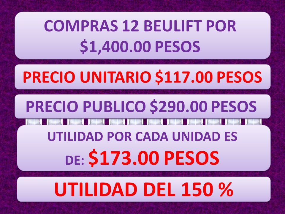 UTILIDAD DEL 150 % COMPRAS 12 BEULIFT POR $1, PESOS