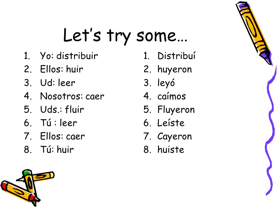 Let’s try some… Yo: distribuir Ellos: huir Ud: leer Nosotros: caer