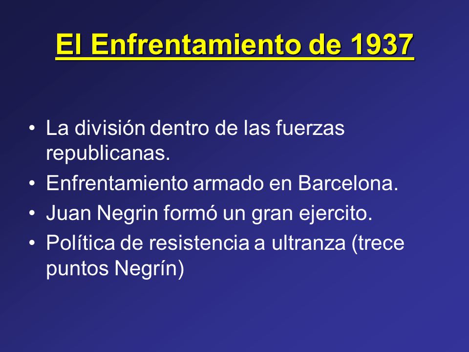 El Enfrentamiento de 1937 La división dentro de las fuerzas republicanas. Enfrentamiento armado en Barcelona.