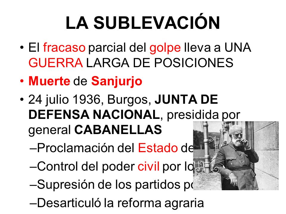 LA SUBLEVACIÓN El fracaso parcial del golpe lleva a UNA GUERRA LARGA DE POSICIONES. Muerte de Sanjurjo.