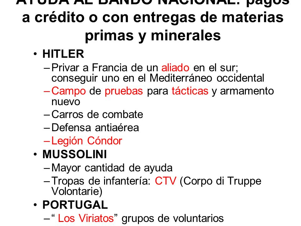 AYUDA AL BANDO NACIONAL: pagos a crédito o con entregas de materias primas y minerales