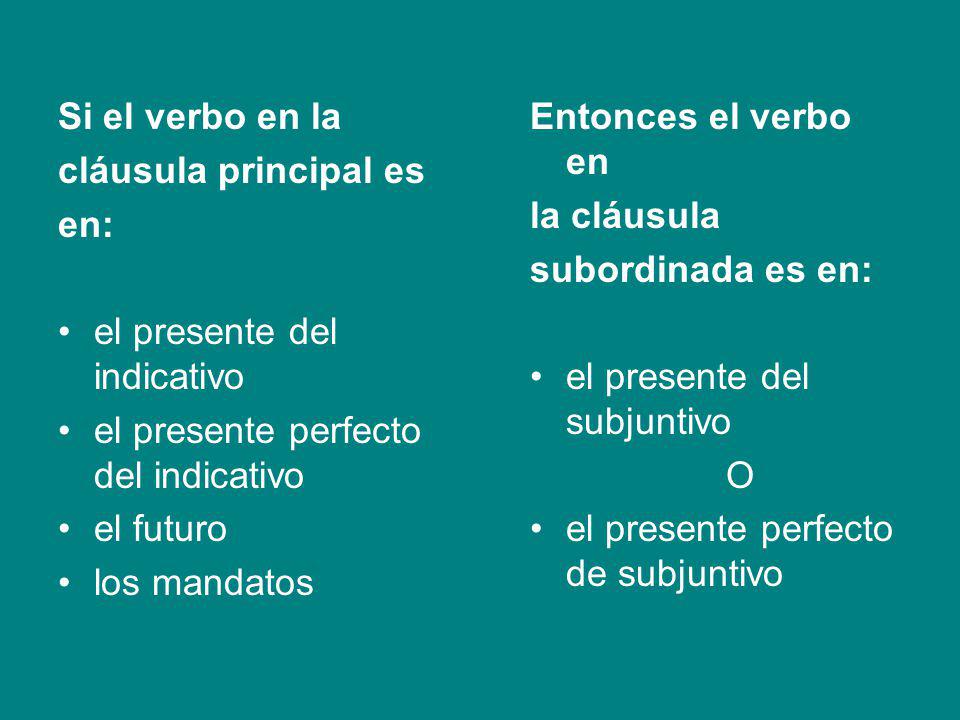 Si el verbo en la cláusula principal es. en: el presente del indicativo. el presente perfecto del indicativo.