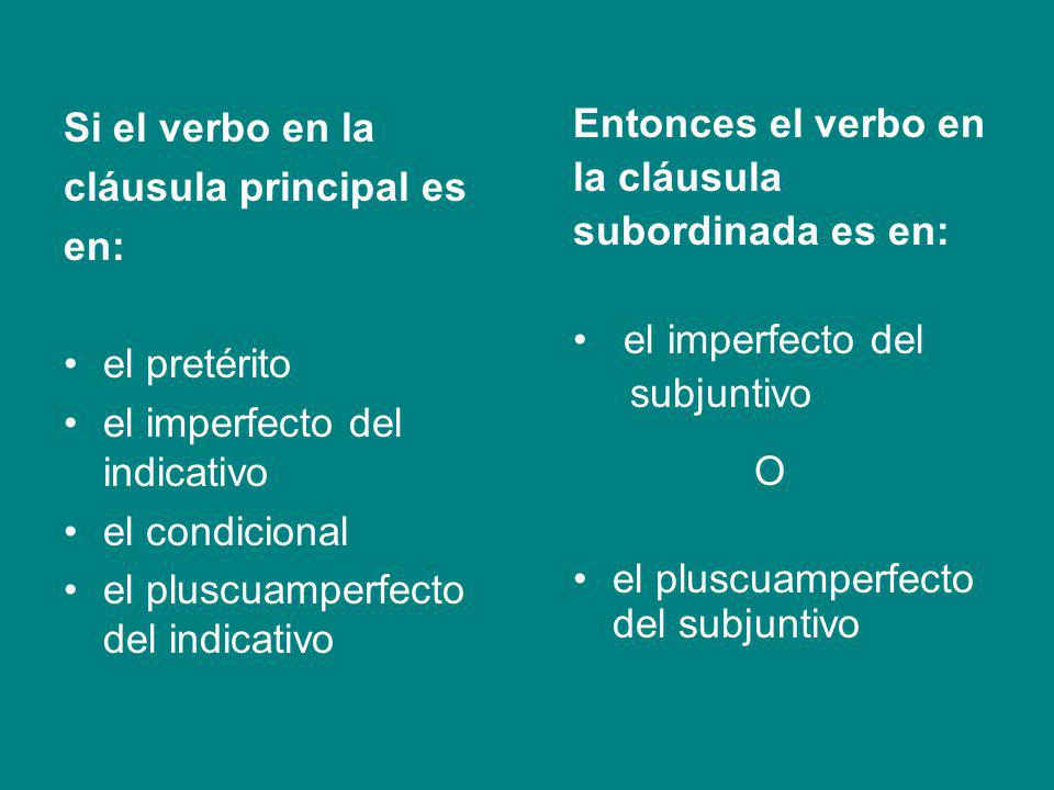 Si el verbo en la cláusula principal es. en: el pretérito. el imperfecto del indicativo. el condicional.