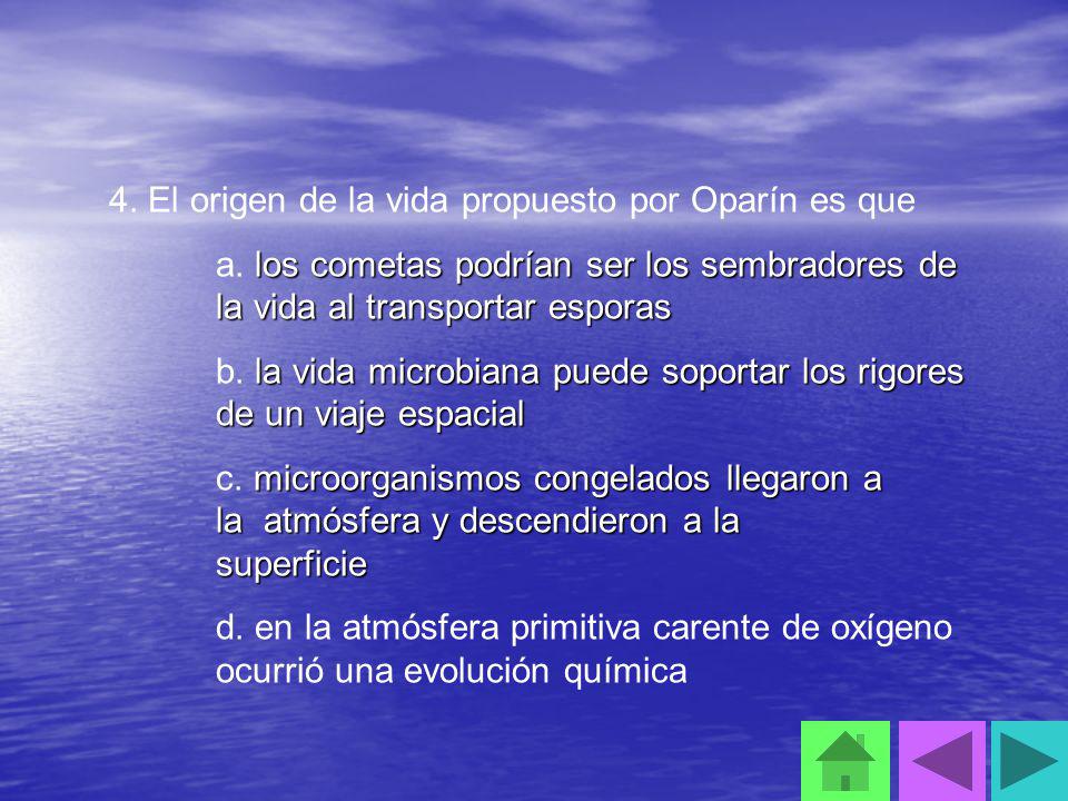 4. El origen de la vida propuesto por Oparín es que