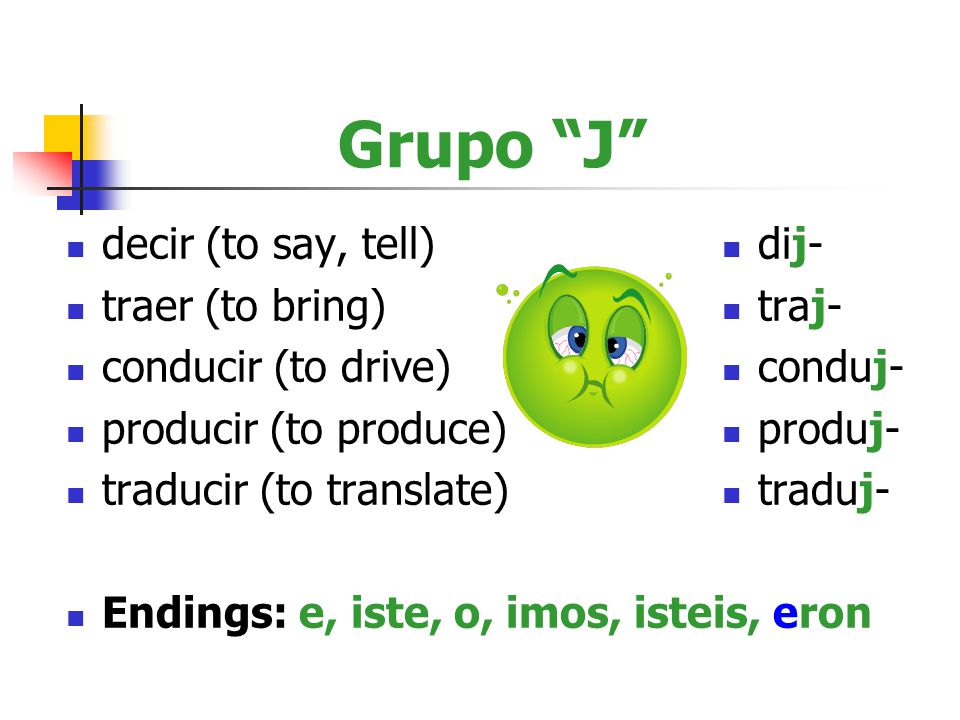 Grupo J decir (to say, tell) traer (to bring) conducir (to drive)