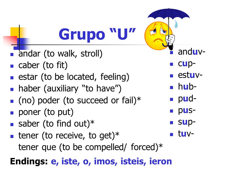 Grupo U anduv- andar (to walk, stroll) cup- caber (to fit) estuv-