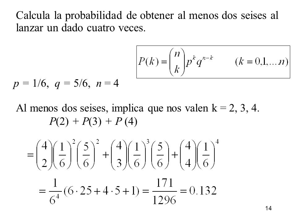 Calcula la probabilidad de obtener al menos dos seises al lanzar un dado cuatro veces.