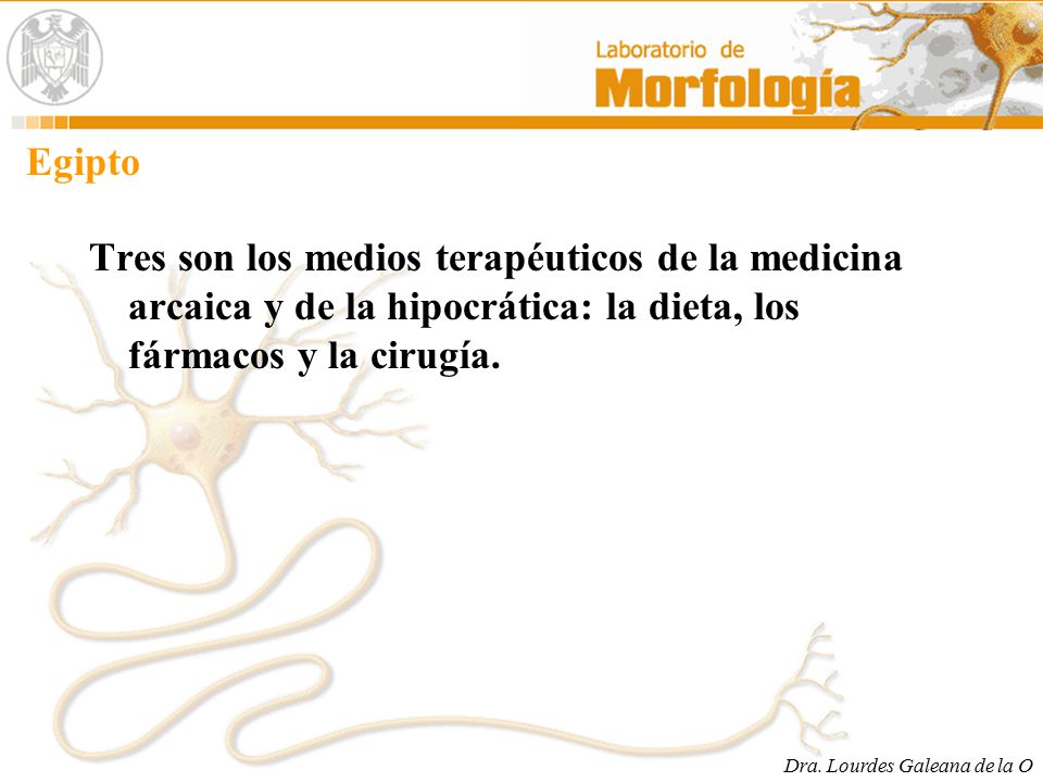 Egipto Tres son los medios terapéuticos de la medicina arcaica y de la hipocrática: la dieta, los fármacos y la cirugía.