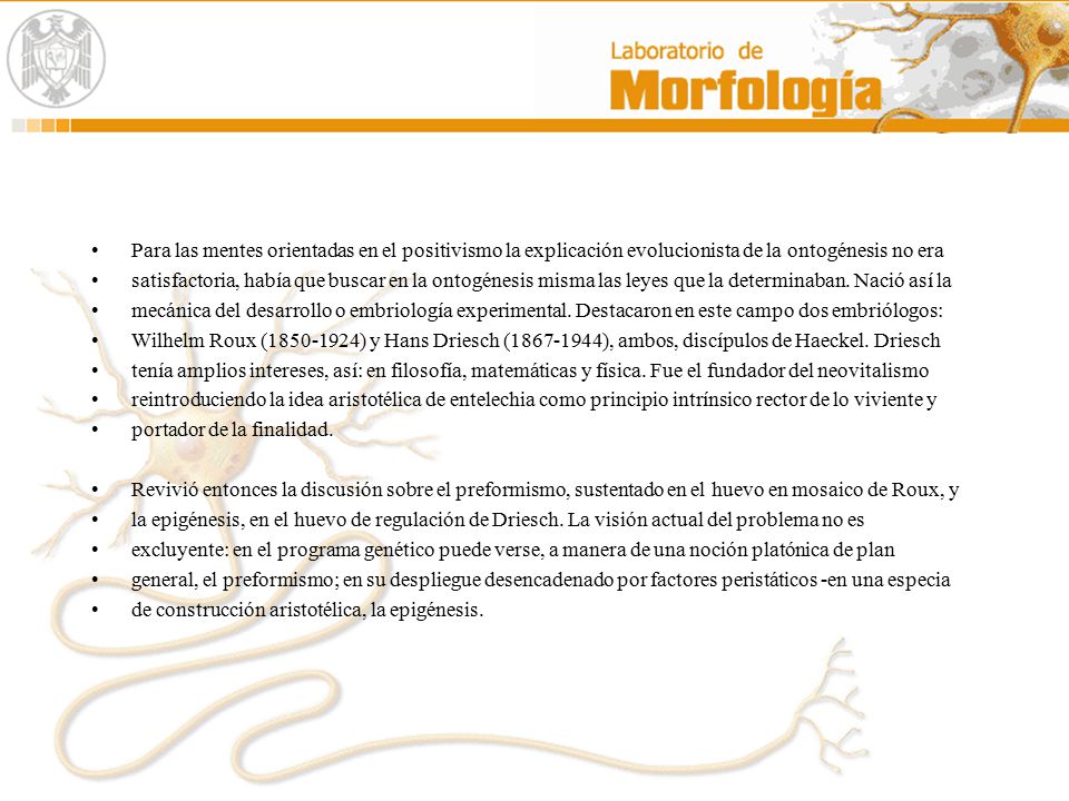 Para las mentes orientadas en el positivismo la explicación evolucionista de la ontogénesis no era