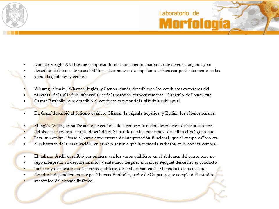 Durante el siglo XVII se fue completando el conocimiento anatómico de diversos órganos y se