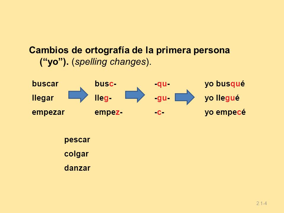09/28/09 Cambios de ortografía de la primera persona ( yo ). (spelling changes). buscar. llegar.