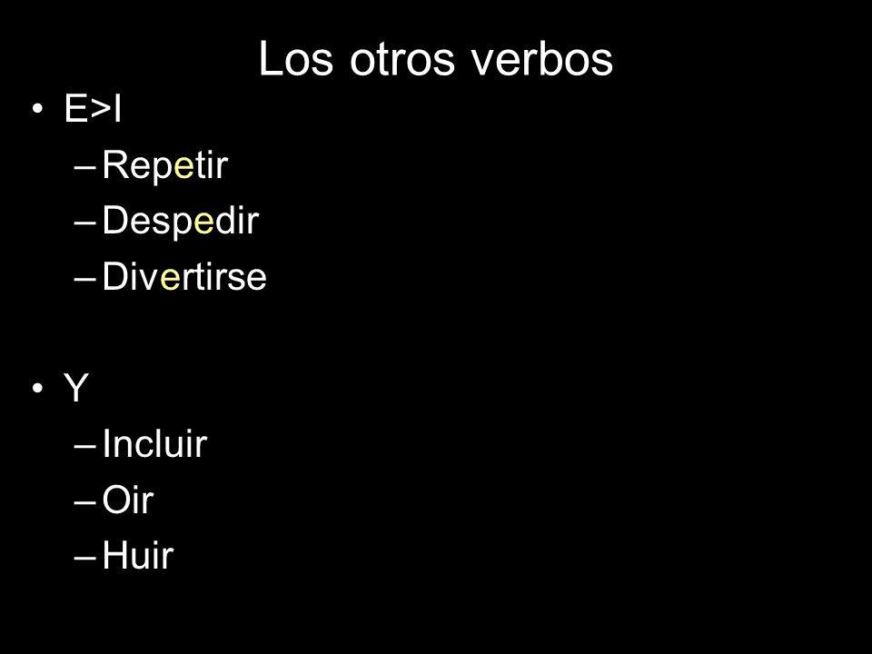 Los otros verbos E>I Repetir Despedir Divertirse Y Incluir Oir Huir