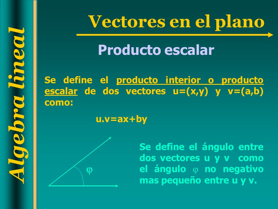 Producto escalar Se define el producto interior o producto escalar de dos vectores u=(x,y) y v=(a,b) como:
