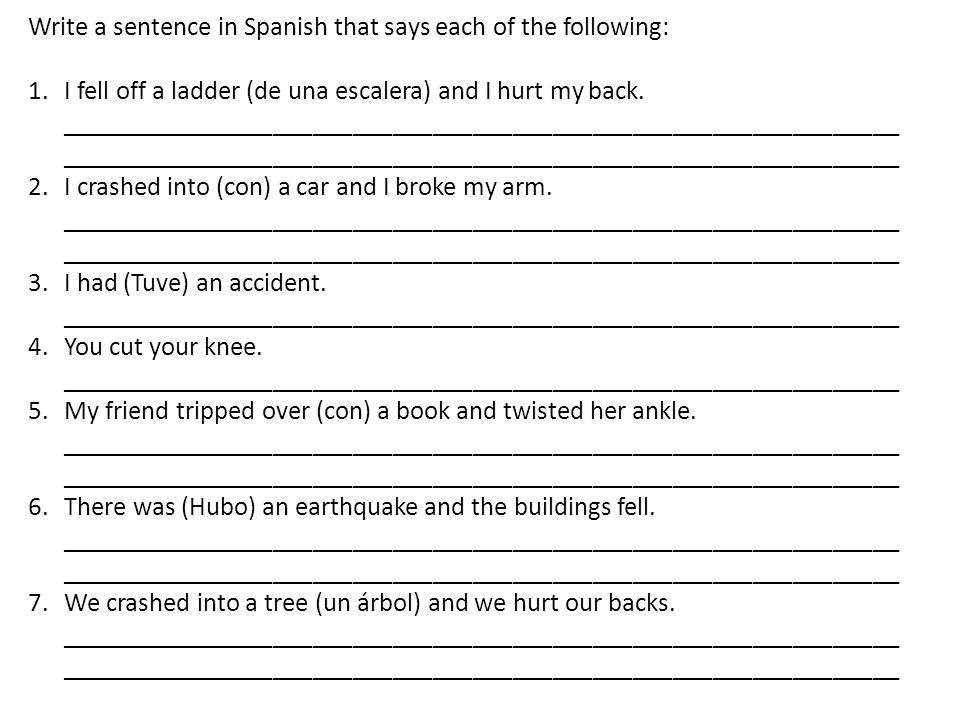 Write a sentence in Spanish that says each of the following: