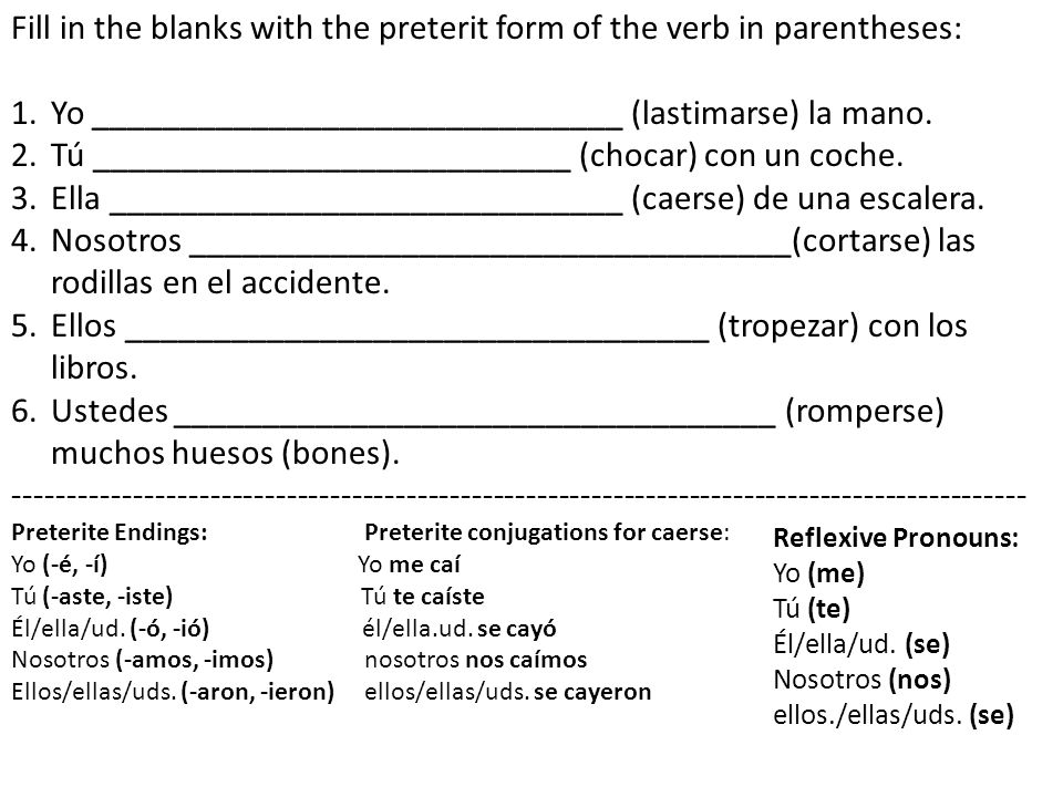 Fill in the blanks with the preterit form of the verb in parentheses: