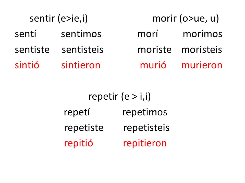 sentir (e>ie,i) morir (o>ue, u) sentí sentimos morí morimos sentiste sentisteis moriste moristeis sintió sintieron murió murieron repetir (e > i,i) repetí repetimos repetiste repetisteis repitió repitieron