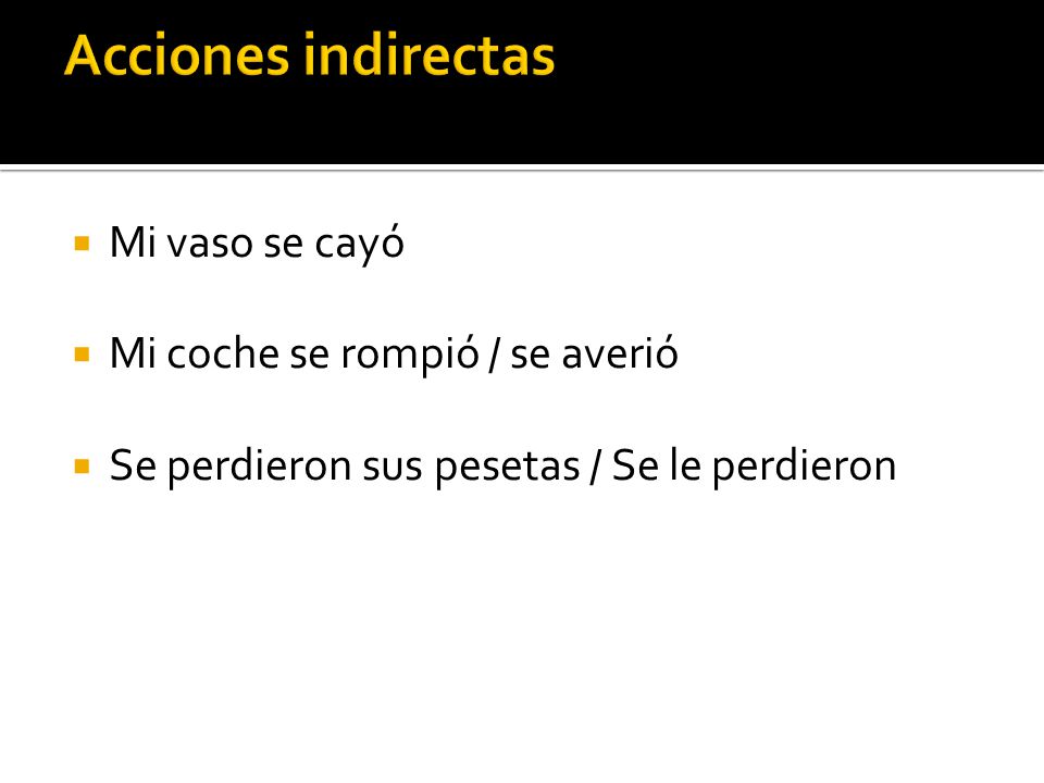 Acciones indirectas Mi vaso se cayó Mi coche se rompió / se averió