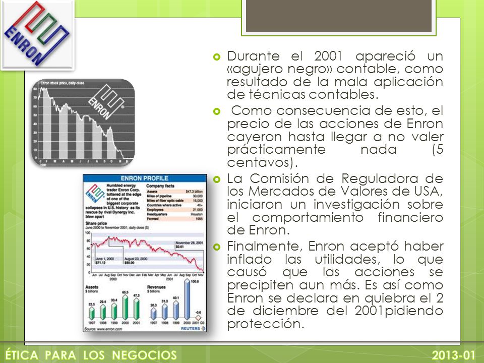 Durante el 2001 apareció un «agujero negro» contable, como resultado de la mala aplicación de técnicas contables.