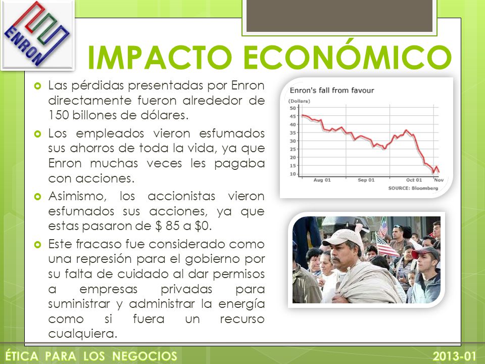 IMPACTO ECONÓMICO Las pérdidas presentadas por Enron directamente fueron alrededor de 150 billones de dólares.