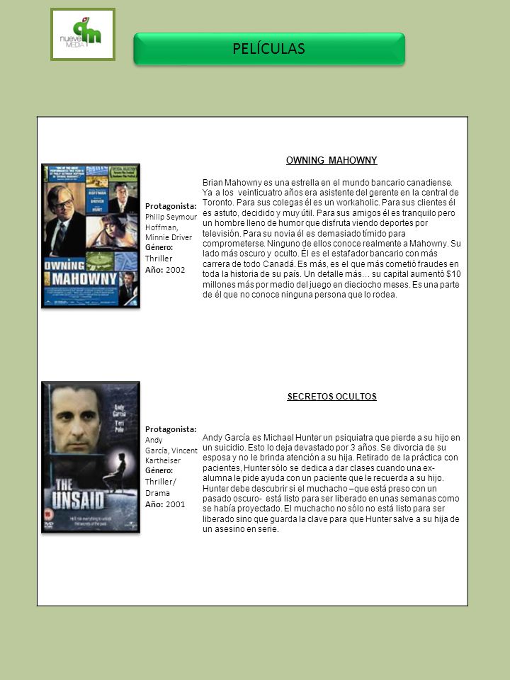 PELÍCULAS OWNING MAHOWNY Protagonista: Thriller Año: 2002