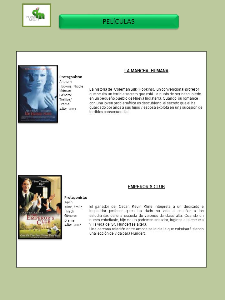 PELÍCULAS LA MANCHA HUMANA Protagonista: Año: 2003 EMPEROR’S CLUB