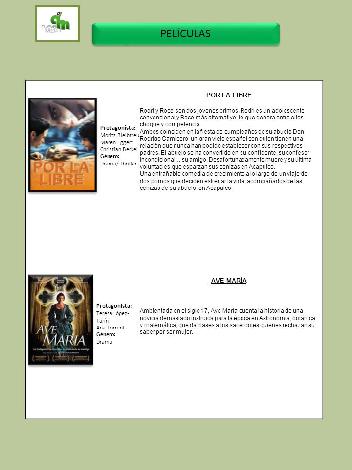 PELÍCULAS POR LA LIBRE Protagonista: AVE MARÍA Protagonista: