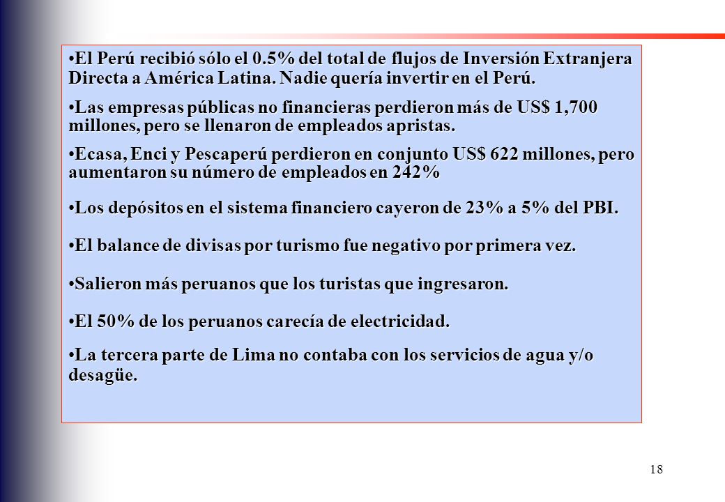 El Perú recibió sólo el 0.5% del total de flujos de Inversión Extranjera Directa a América Latina. Nadie quería invertir en el Perú.