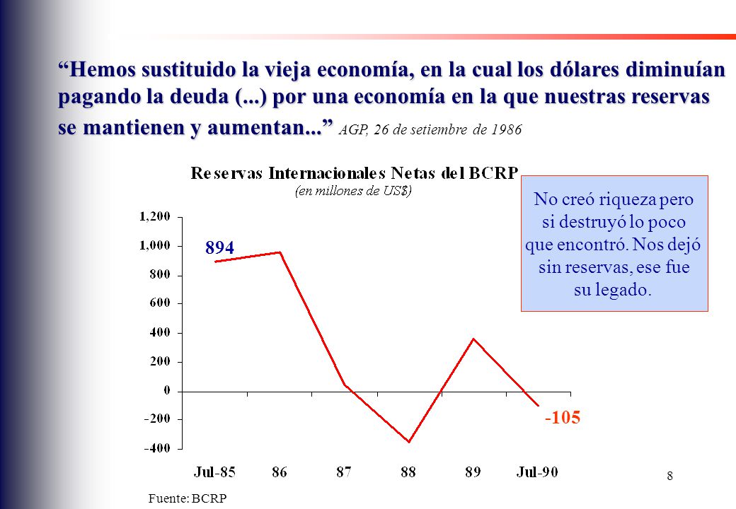 Hemos sustituido la vieja economía, en la cual los dólares diminuían pagando la deuda (...) por una economía en la que nuestras reservas se mantienen y aumentan... AGP, 26 de setiembre de 1986