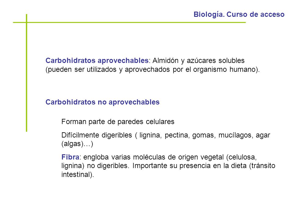 Carbohidratos aprovechables: Almidón y azúcares solubles (pueden ser utilizados y aprovechados por el organismo humano).