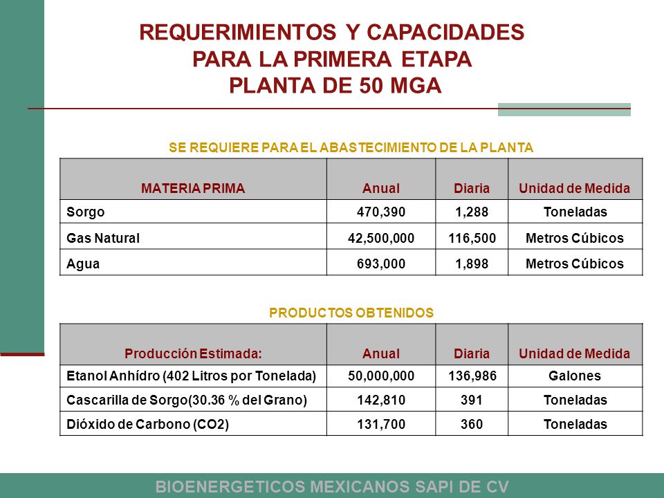 REQUERIMIENTOS Y CAPACIDADES PARA LA PRIMERA ETAPA PLANTA DE 50 MGA