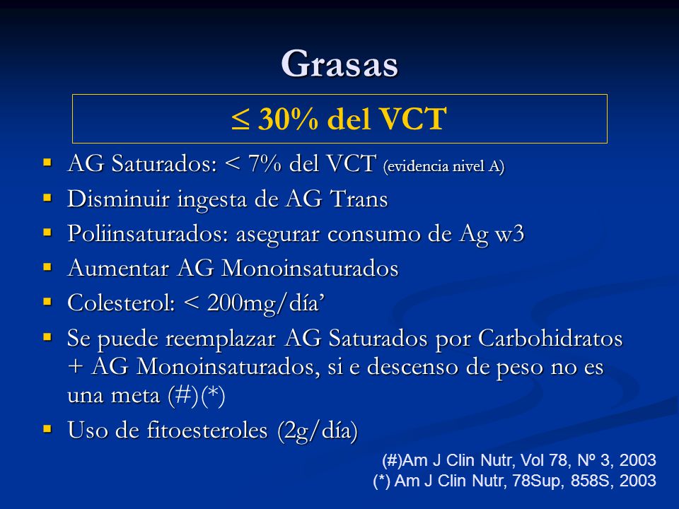 Grasas  30% del VCT AG Saturados: < 7% del VCT (evidencia nivel A)