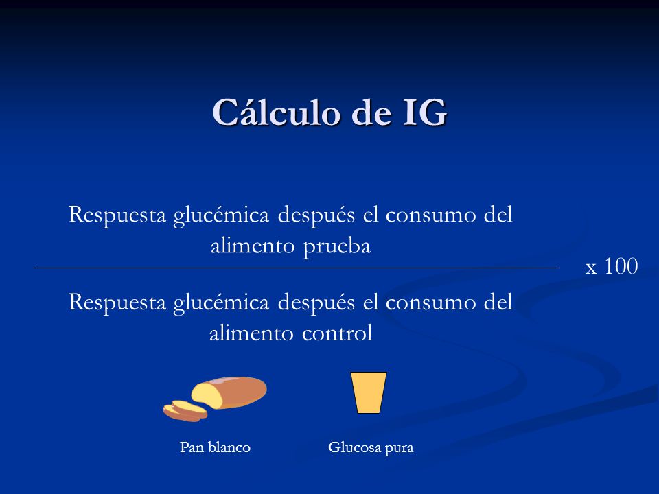 Cálculo de IG Respuesta glucémica después el consumo del alimento prueba. x 100. Respuesta glucémica después el consumo del alimento control.