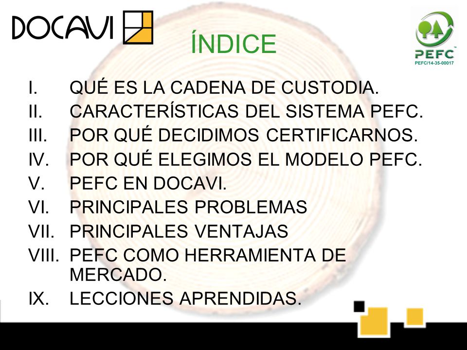 ÍNDICE QUÉ ES LA CADENA DE CUSTODIA. CARACTERÍSTICAS DEL SISTEMA PEFC.