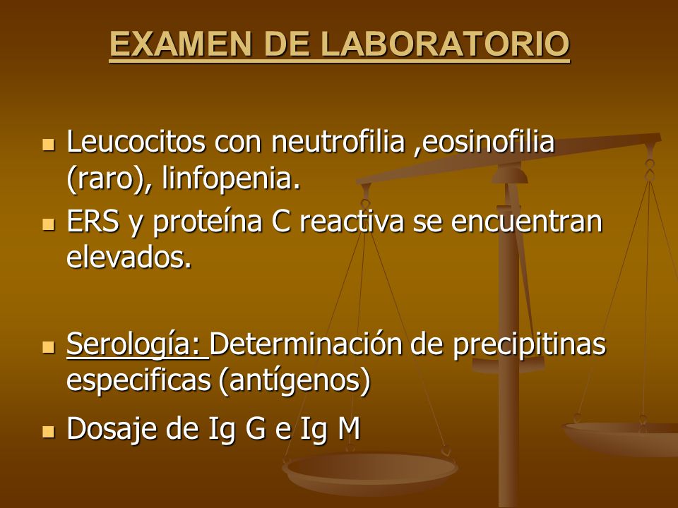 EXAMEN DE LABORATORIO Leucocitos con neutrofilia ,eosinofilia (raro), linfopenia. ERS y proteína C reactiva se encuentran elevados.