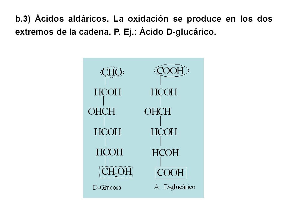 b.3) Ácidos aldáricos. La oxidación se produce en los dos extremos de la cadena.