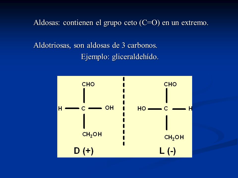 Aldosas: contienen el grupo ceto (C=O) en un extremo.