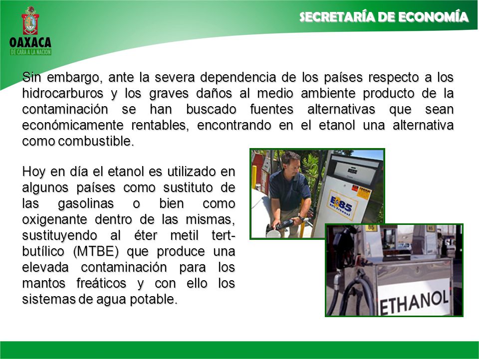 Sin embargo, ante la severa dependencia de los países respecto a los hidrocarburos y los graves daños al medio ambiente producto de la contaminación se han buscado fuentes alternativas que sean económicamente rentables, encontrando en el etanol una alternativa como combustible.