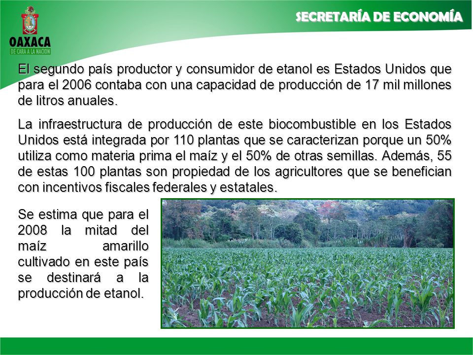 El segundo país productor y consumidor de etanol es Estados Unidos que para el 2006 contaba con una capacidad de producción de 17 mil millones de litros anuales.