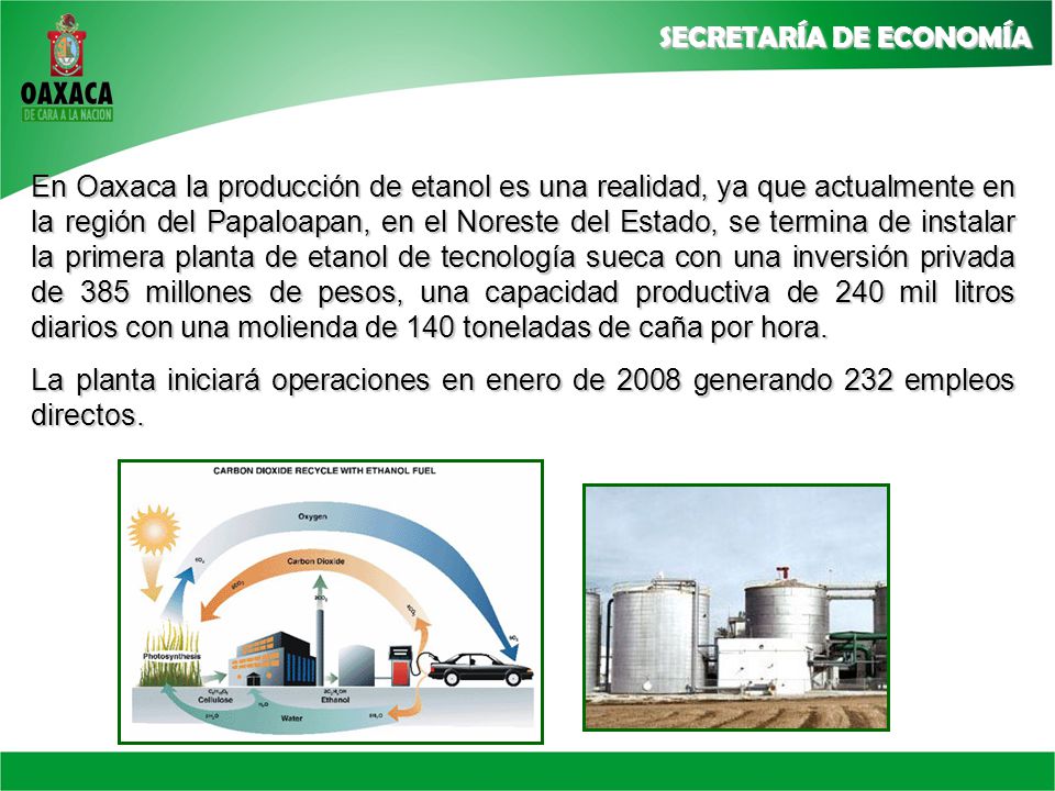 En Oaxaca la producción de etanol es una realidad, ya que actualmente en la región del Papaloapan, en el Noreste del Estado, se termina de instalar la primera planta de etanol de tecnología sueca con una inversión privada de 385 millones de pesos, una capacidad productiva de 240 mil litros diarios con una molienda de 140 toneladas de caña por hora.