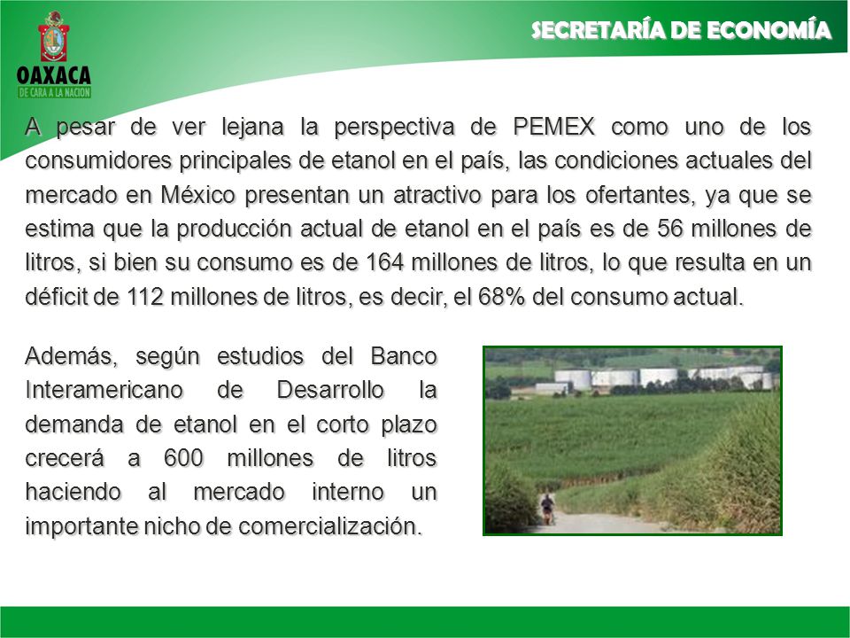 A pesar de ver lejana la perspectiva de PEMEX como uno de los consumidores principales de etanol en el país, las condiciones actuales del mercado en México presentan un atractivo para los ofertantes, ya que se estima que la producción actual de etanol en el país es de 56 millones de litros, si bien su consumo es de 164 millones de litros, lo que resulta en un déficit de 112 millones de litros, es decir, el 68% del consumo actual.