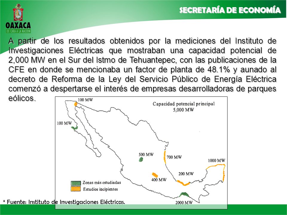 A partir de los resultados obtenidos por la mediciones del Instituto de Investigaciones Eléctricas que mostraban una capacidad potencial de 2,000 MW en el Sur del Istmo de Tehuantepec, con las publicaciones de la CFE en donde se mencionaba un factor de planta de 48.1% y aunado al decreto de Reforma de la Ley del Servicio Público de Energía Eléctrica comenzó a despertarse el interés de empresas desarrolladoras de parques eólicos.