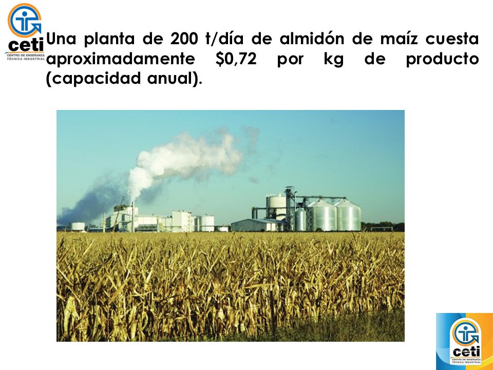 Una planta de 200 t/día de almidón de maíz cuesta aproximadamente $0,72 por kg de producto (capacidad anual).