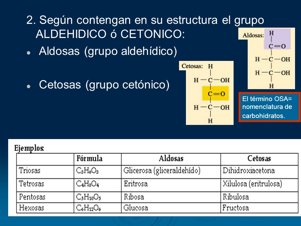 2. Según contengan en su estructura el grupo ALDEHIDICO ó CETONICO: