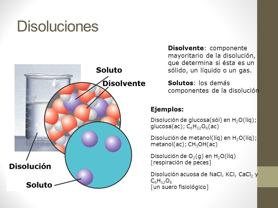Disoluciones Disolvente: componente mayoritario de la disolución, que determina si ésta es un sólido, un líquido o un gas.