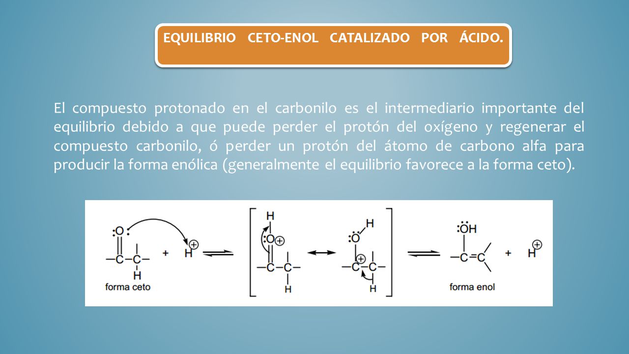Equilibrio ceto-enol catalizado por ácido.