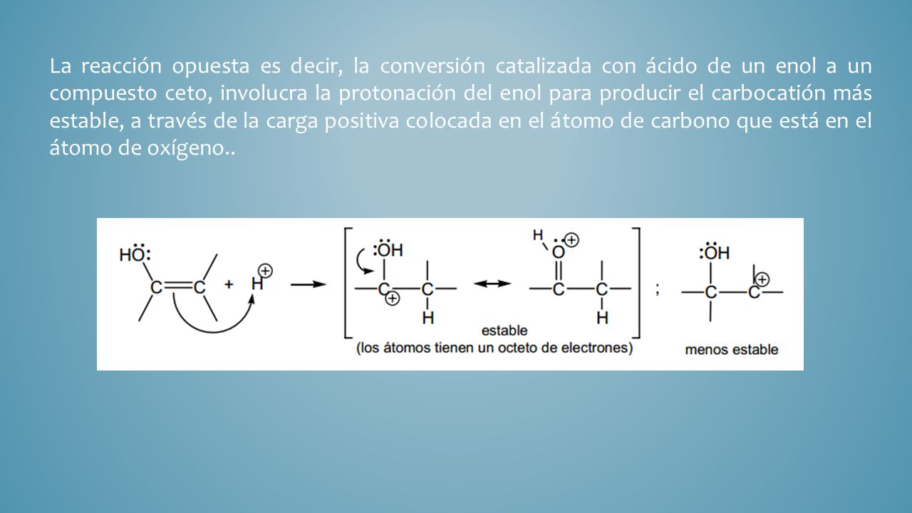 La reacción opuesta es decir, la conversión catalizada con ácido de un enol a un compuesto ceto, involucra la protonación del enol para producir el carbocatión más estable, a través de la carga positiva colocada en el átomo de carbono que está en el átomo de oxígeno..