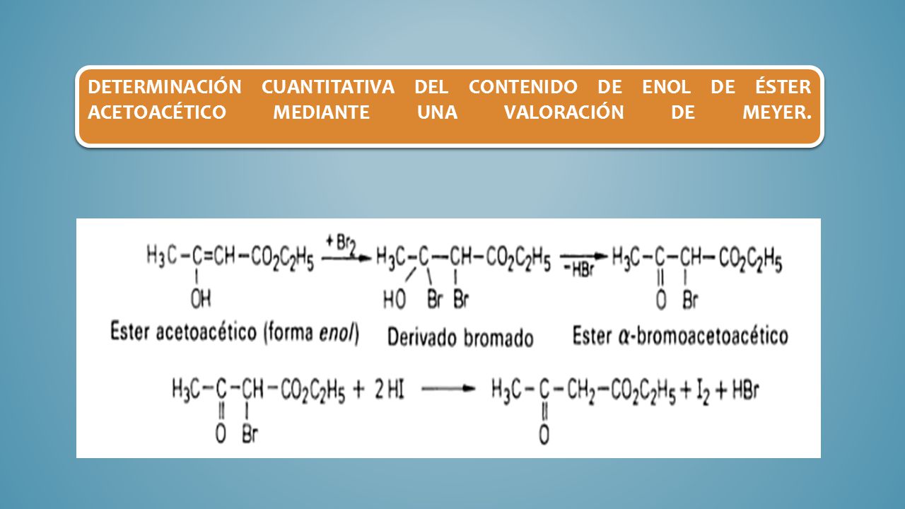 Determinación cuantitativa del contenido de enol de éster acetoacético mediante una valoración de Meyer.