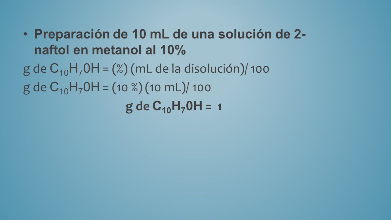 Preparación de 10 mL de una solución de 2- naftol en metanol al 10%